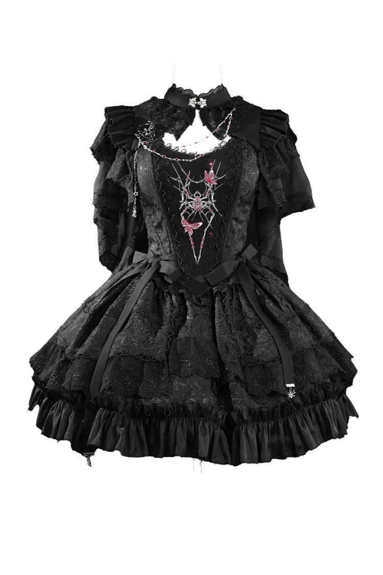 Black Sleeveless Spider Embroidery Bowknot Lace Gothic Princess Lolita Skirt Two-piece Set - Product - 3