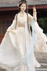 Beige Long Sleeves High Waisted Jacquard Print Embroidery Women's Sweet Hanfu Dress Full Set - Product - 4