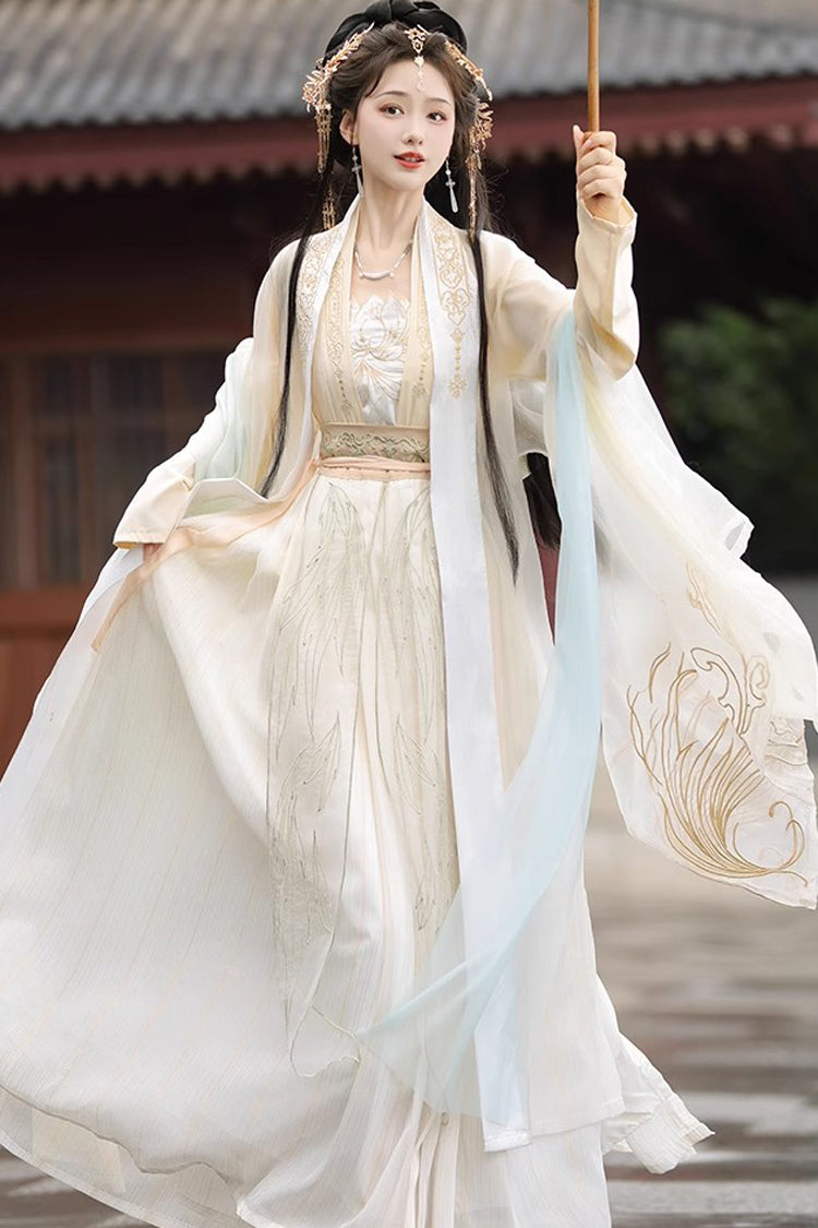 Beige Long Sleeves High Waisted Jacquard Print Embroidery Women's Sweet Hanfu Dress Full Set - Product - 4
