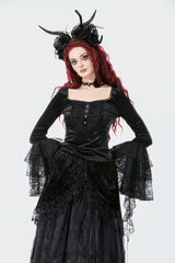 Black Square Collar Multi-Layered Lace Long Flared Sleeves Women's Gothic Palace Velvet Top - Product - 6