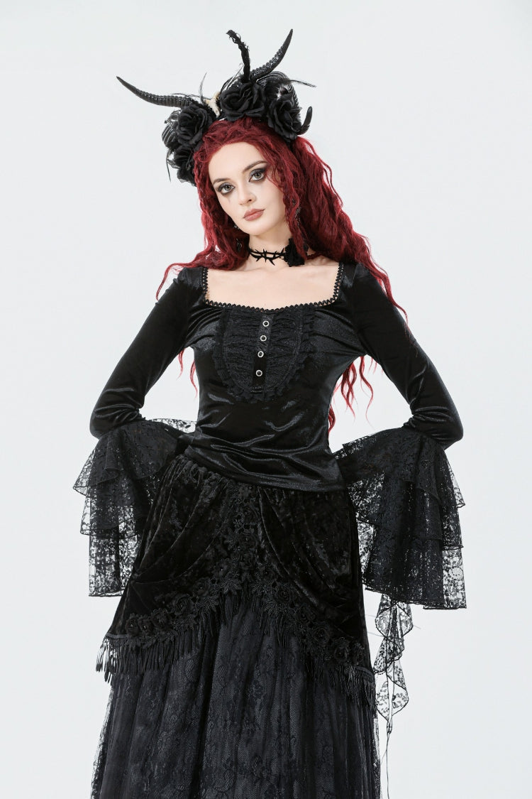 Black Square Collar Multi-Layered Lace Long Flared Sleeves Women's Gothic Palace Velvet Top - Product - 6