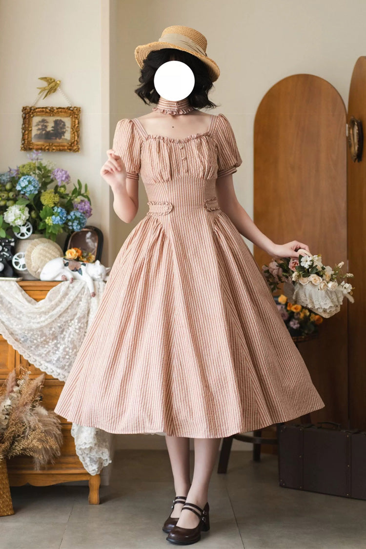 Red [Chantilly Forest] Square Collar Short Sleeves Striped Printed Ruffled Classic Vintage Elegant Lolita Dress - Product - 3