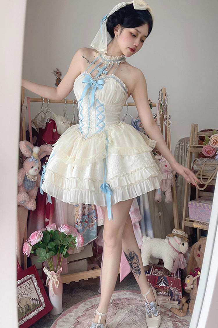 Blue/Ivory Tube Top Sleeveless Ruffle Bowknot Gothic Lolita Jsk Tiered Dress - Product - 7
