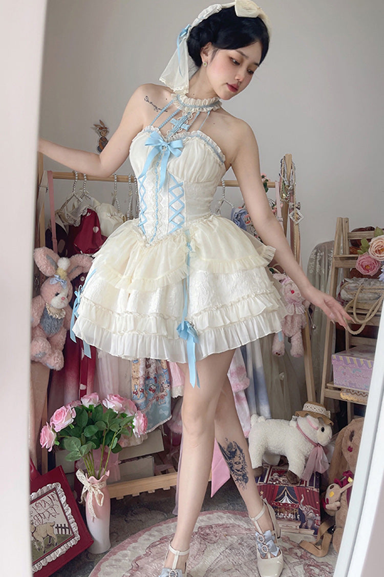 Blue/Ivory Tube Top Sleeveless Ruffle Bowknot Gothic Lolita Jsk Tiered Dress - Product - 7