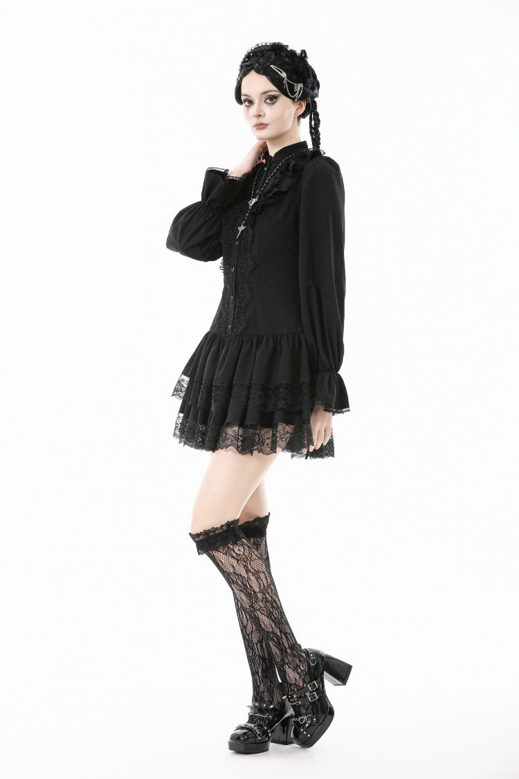 Black Long Bishop Sleeves Double-Layered Lace Hem Lace-Up Women's Gothic Dress - Product - 4