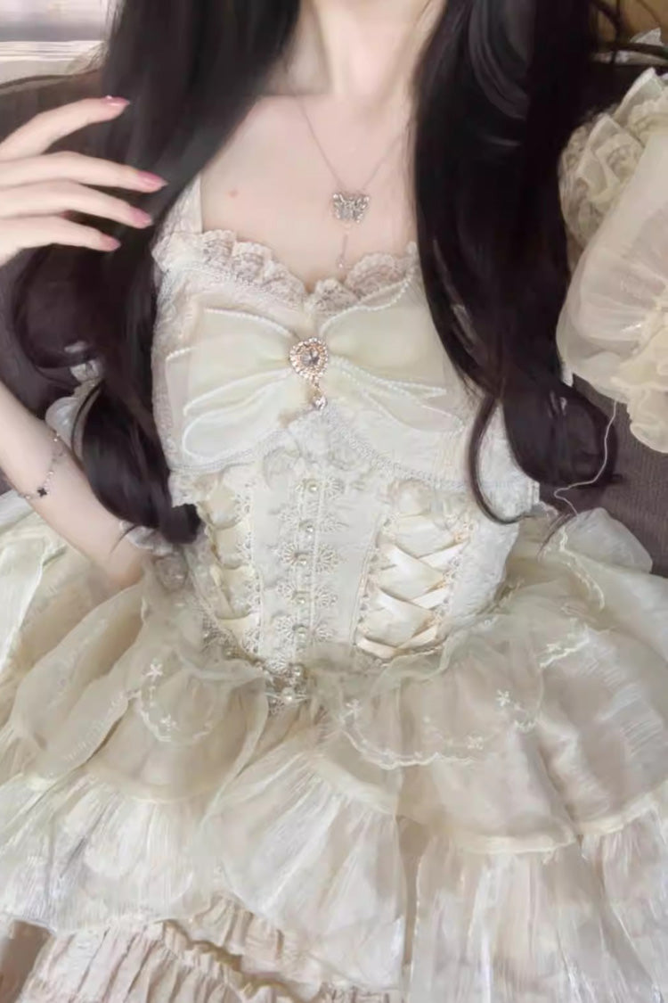 White Sleeveless Multi-layer Ruffle Bowknot Sweet Lolita Jsk Dress - Product - 5