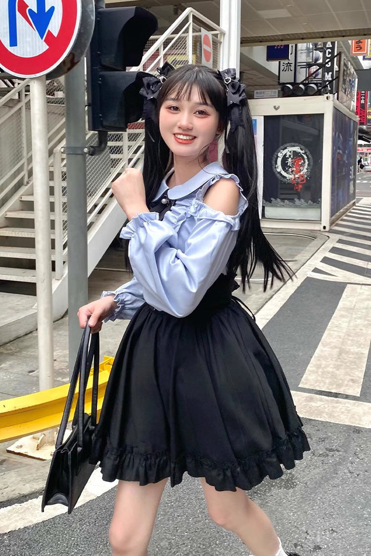 Black/Blue Off Shoulder Long Sleeves Ruffle Bowknot Sweet Jirai Kei Japanese Set - Product - 7
