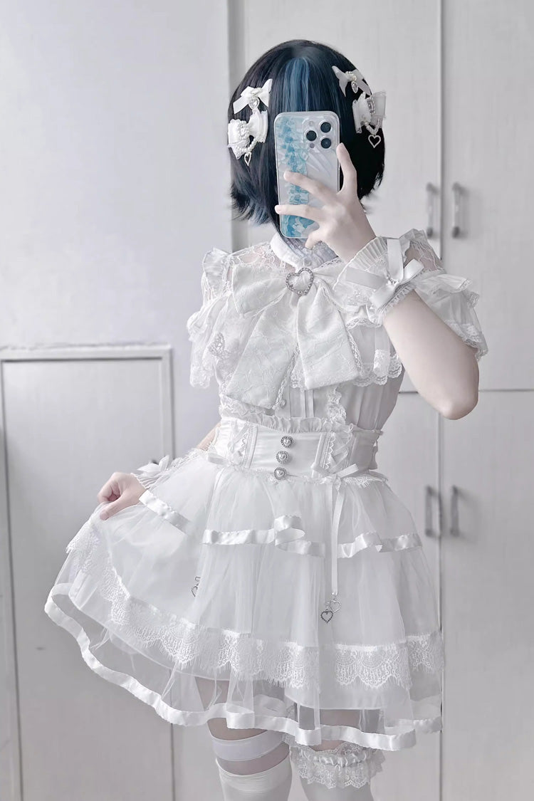 Jirai Kei Ruffle Bowknot Lace Fishbone Japanese Skirt 2 Colors - White - 1