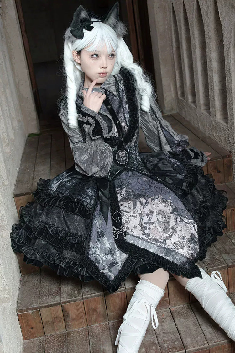 [Werewolf] Fairy Tale Lapel Collar Long Sleeves Printed Ruffled Open-Front Lace Heavy-Detailed Gothic Lolita Skirt Set (Red, Grey, Purple) - Product - 22