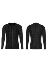 Black Punk Knitted Print Splicing Concave And Convex Webbing Decoration Long Sleeve Men's T-Shirt - Product - 5