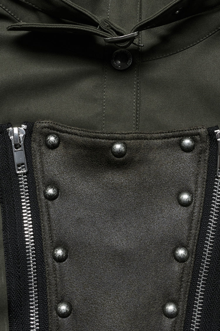 Green Stand Collar Long Sleeves Stitching Faux Leather Women's Gothic Military Jacket - Product - 6