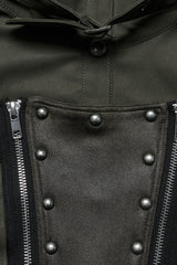 Green Stand Collar Long Sleeves Stitching Faux Leather Women's Gothic Military Jacket - Product - 6