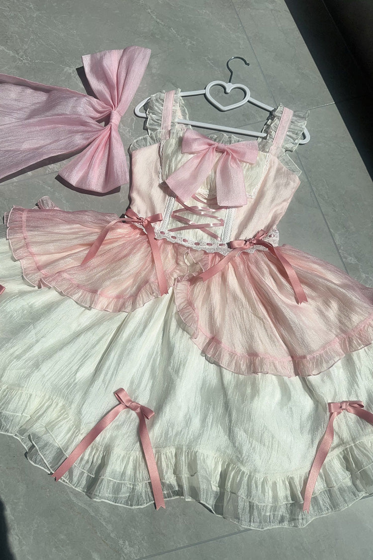 White/Pink [Sweet Sakura Bow] Sleeveless Double-Layered Ruffled Bow Sweet Princess Lolita Jsk Dress - Product - 2