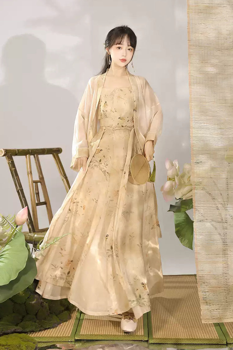 Ivory Song Dynasty High Waisted Printed Women's Classic Chinese Style Hanfu Dress Set - Product - 2