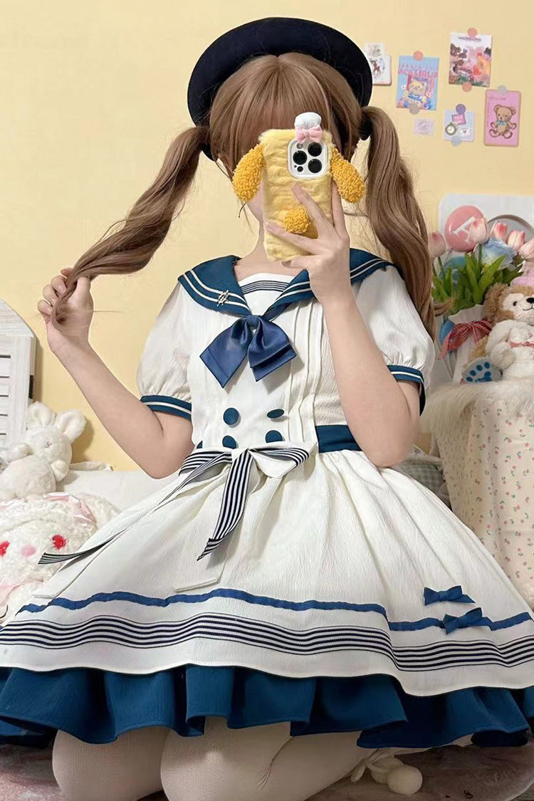 White/Green Navy Collar Short Sleeves Ruffle Bowknot Sweet Lolita Dress - Product - 4