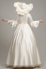 Champagne Multi-Layer Half Trumpet Sleeves High Waisted Bowknot Embroidery Floral Print Victorian Lolita Dress - Product - 4