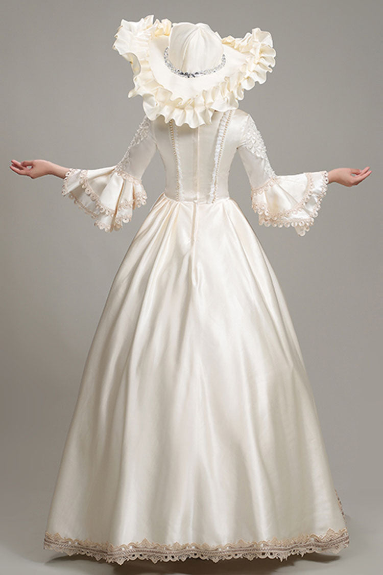 Champagne Multi-Layer Half Trumpet Sleeves High Waisted Bowknot Embroidery Floral Print Victorian Lolita Dress - Product - 4