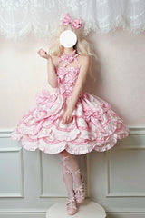 Pink [Sweetheart Petals] Halterneck Sleeveless Multi-Layered Jacquard Ruffled Bow Pearl Detail Sweet Lolita Jsk Dress - Product - 6