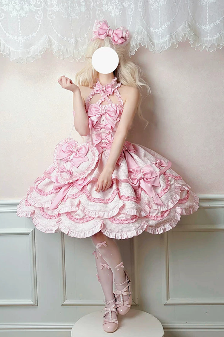 Pink [Sweetheart Petals] Halterneck Sleeveless Multi-Layered Jacquard Ruffled Bow Pearl Detail Sweet Lolita Jsk Dress - Product - 6