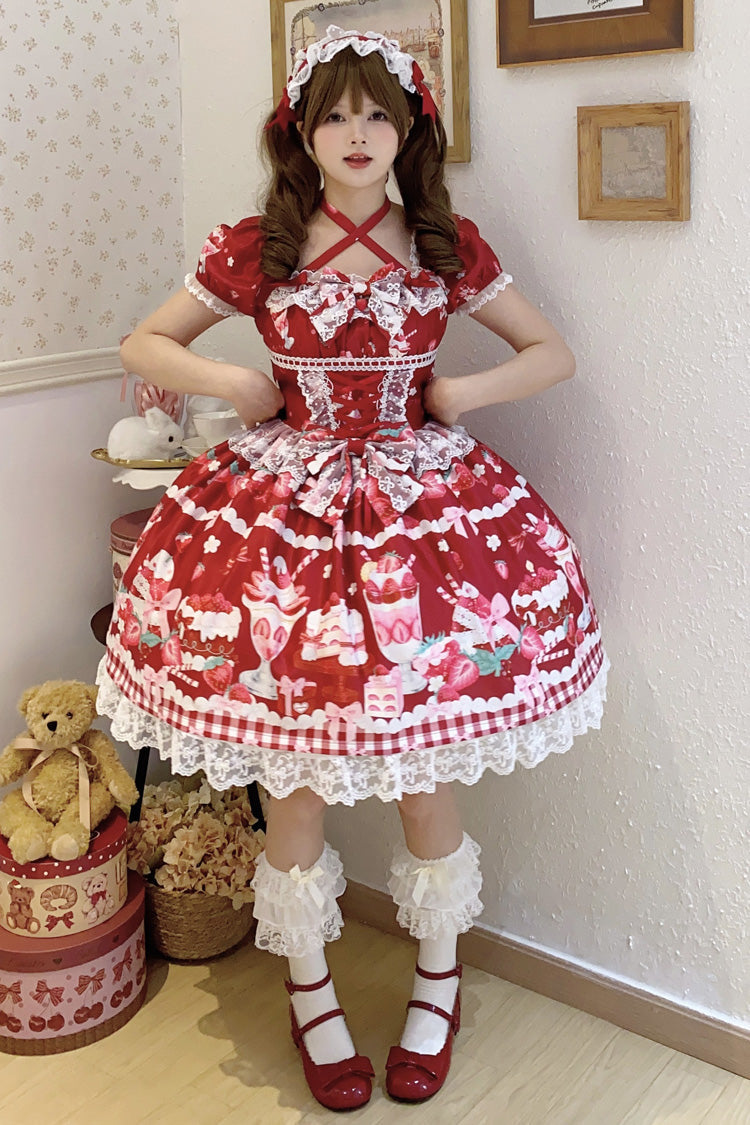 Red [Strawberry Parfait] Print Short Sleeves Ruffle Bowknot Lace Lace-Up Sweet Lolita Dress - Product - 5