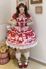 Red [Strawberry Parfait] Print Short Sleeves Ruffle Bowknot Lace Lace-Up Sweet Lolita Dress - Product - 5