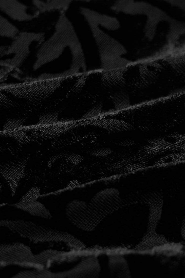 Black High Collar Long Sleeves Floral Print Hollow Stitching Irregular Hem Womens Gothic Blouse - Product - 7