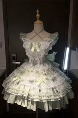 Green [Promise of the Blooming Season] Print Ruffle Bowknot Lace Sweet Princess Lolita Jsk Dress - Product - 6