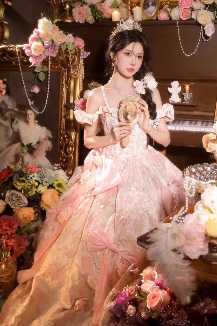Off Shoulder Print Hanayome Embroidery Bowknot Sweet Princess Lolita Dress 2 Colors - Product - 4