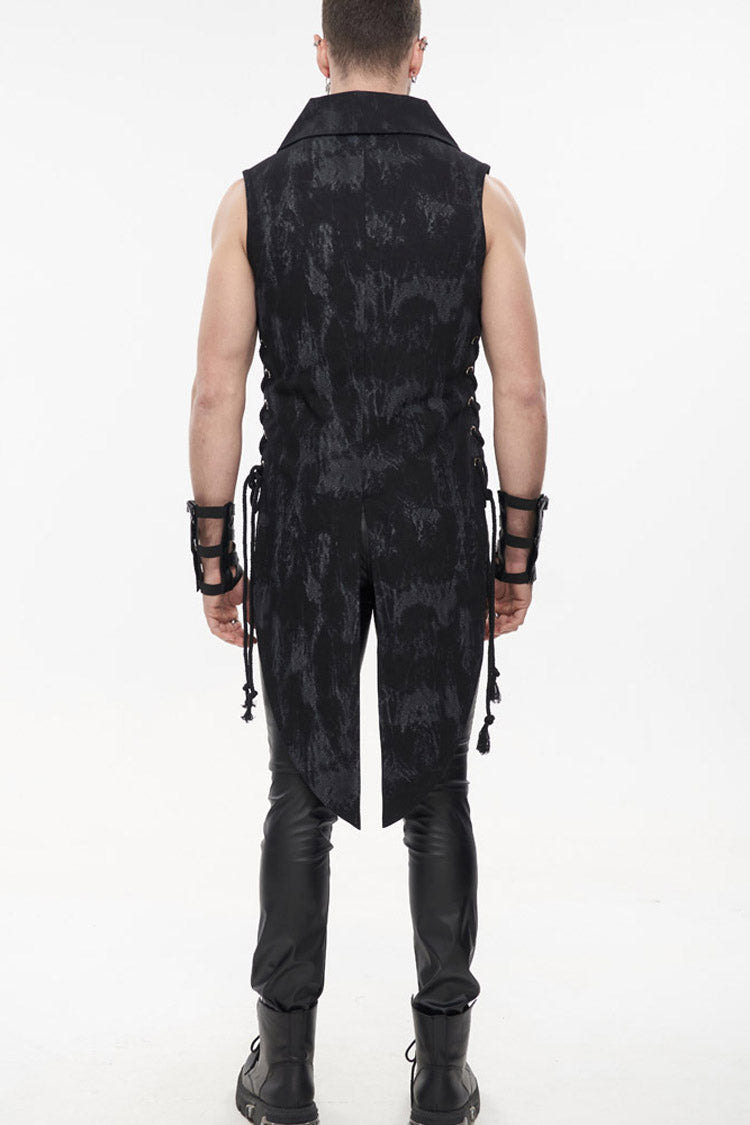 Black Punk Irregular Print D-Shaped Buckle Decoration Waist Side Slits Tied Rope Tight Zipper Men's Dovetail Vest - Product - 8