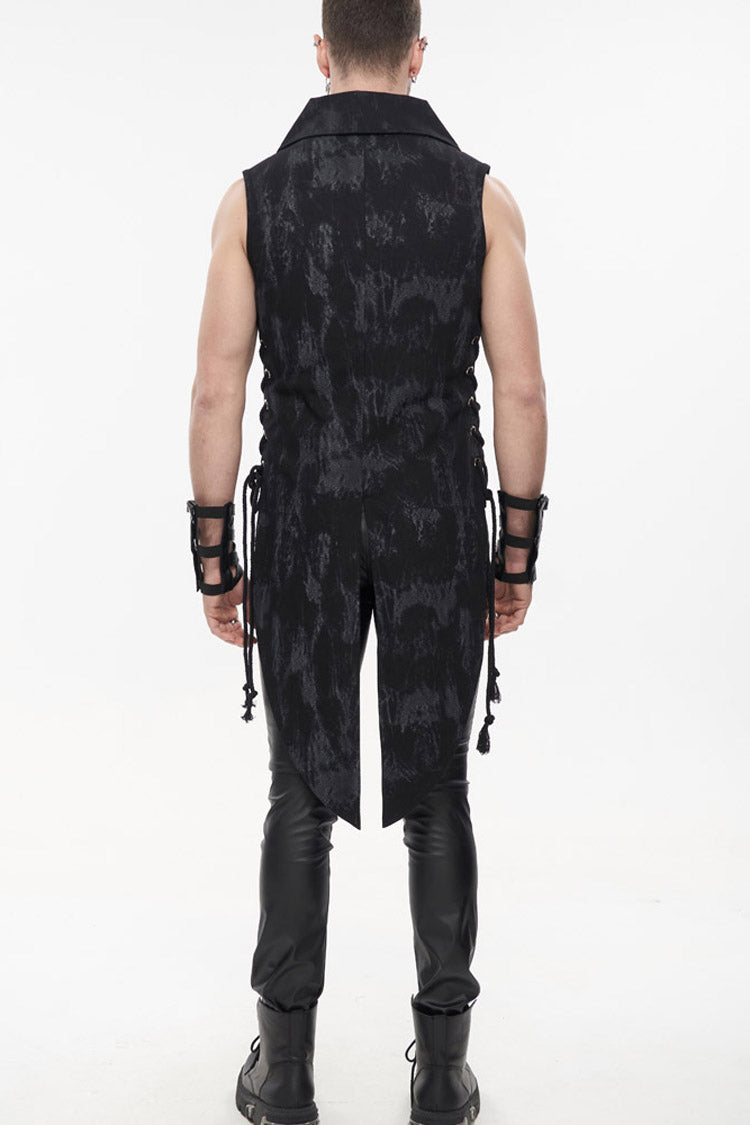 Black Punk Irregular Print D-Shaped Buckle Decoration Waist Side Slits Tied Rope Tight Zipper Men's Dovetail Vest - Product - 8