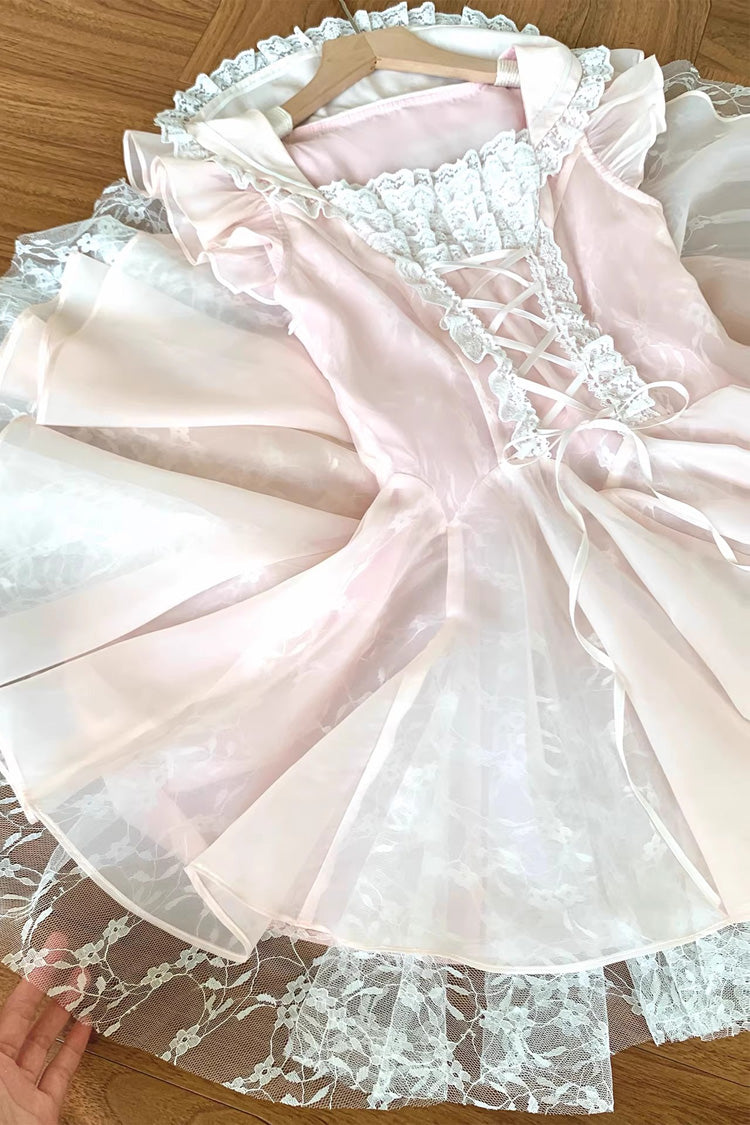 Pink [Floral Letter] Square Collar Ruffled Lace Lace-Up Sweet Princess Ballet Lolita Dress - Product - 4