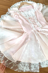Pink [Floral Letter] Square Collar Ruffled Lace Lace-Up Sweet Princess Ballet Lolita Dress - Product - 4