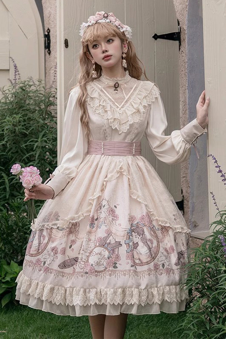 Apricot Rose Prologue Print Long Sleeves Ruffle Sweet Elegant Lolita Dress - Product - 2