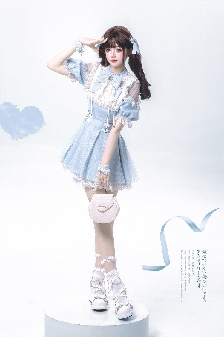 Blue/Aqua Short Sleeves Plaid Printed Ruffled Lace Sweet Jirai Kei Japanese Lolita Dress - Product - 7