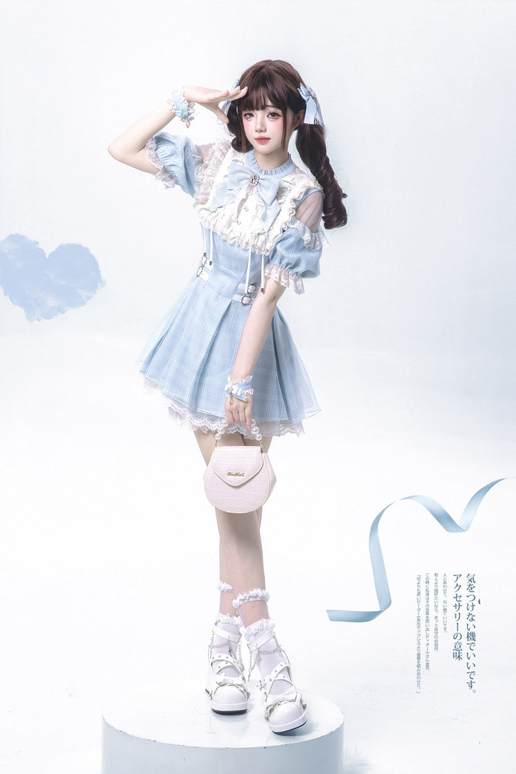 Blue/Aqua Short Sleeves Plaid Printed Ruffled Lace Sweet Jirai Kei Japanese Lolita Dress - Product - 7