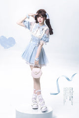 Blue/Aqua Short Sleeves Plaid Printed Ruffled Lace Sweet Jirai Kei Japanese Lolita Dress - Product - 7