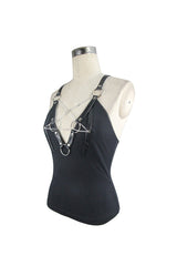Black Chest Inverted Pentagram Chain Backless Metal Ring Leathrt Straps Women's Punk Vest - Product - 7
