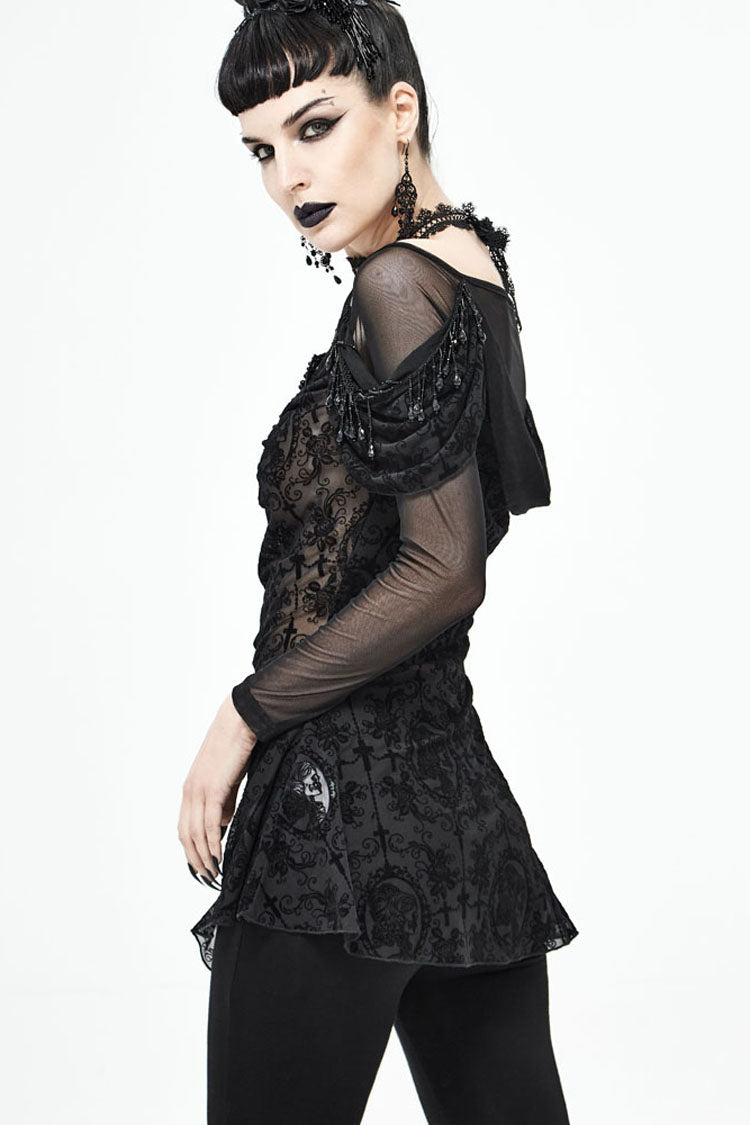 lack Gothic Off-Shoulder Front Chest Decals Bead Sleeve Beaded Tassel Webbing Flocking Print Women's Shirt - Product - 2