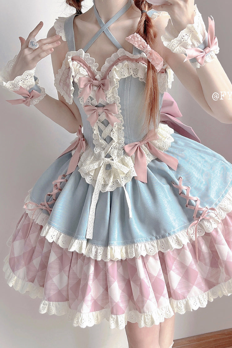 Blue/Pink [Sweetheart Cowboy] Plaid Print Ruffle Bowknot Sweet Lolita Skirt Set - Product - 7