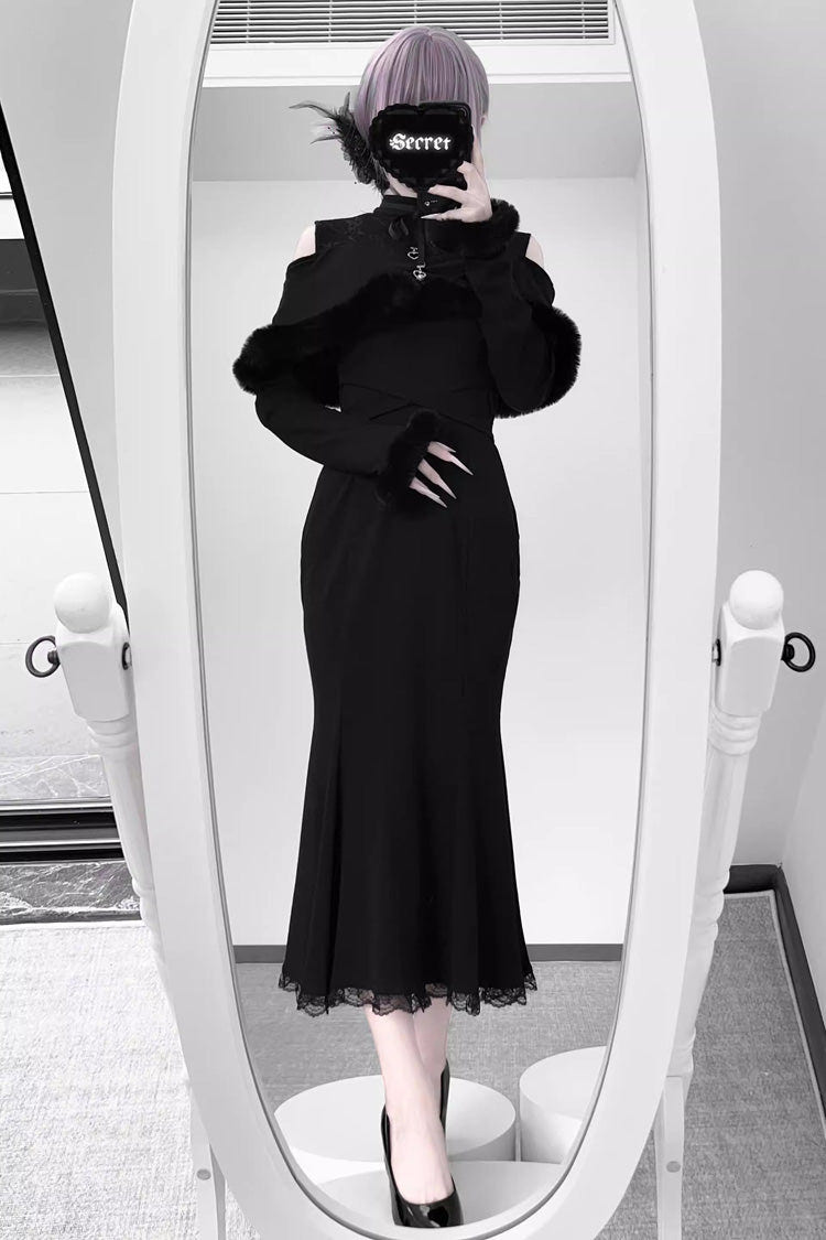 Jirai Kei Stand Collar Off Shoulder Long Sleeves Embroidered Lace Sweet Japanese Fishtail Dress 2 Colors - Product - 8