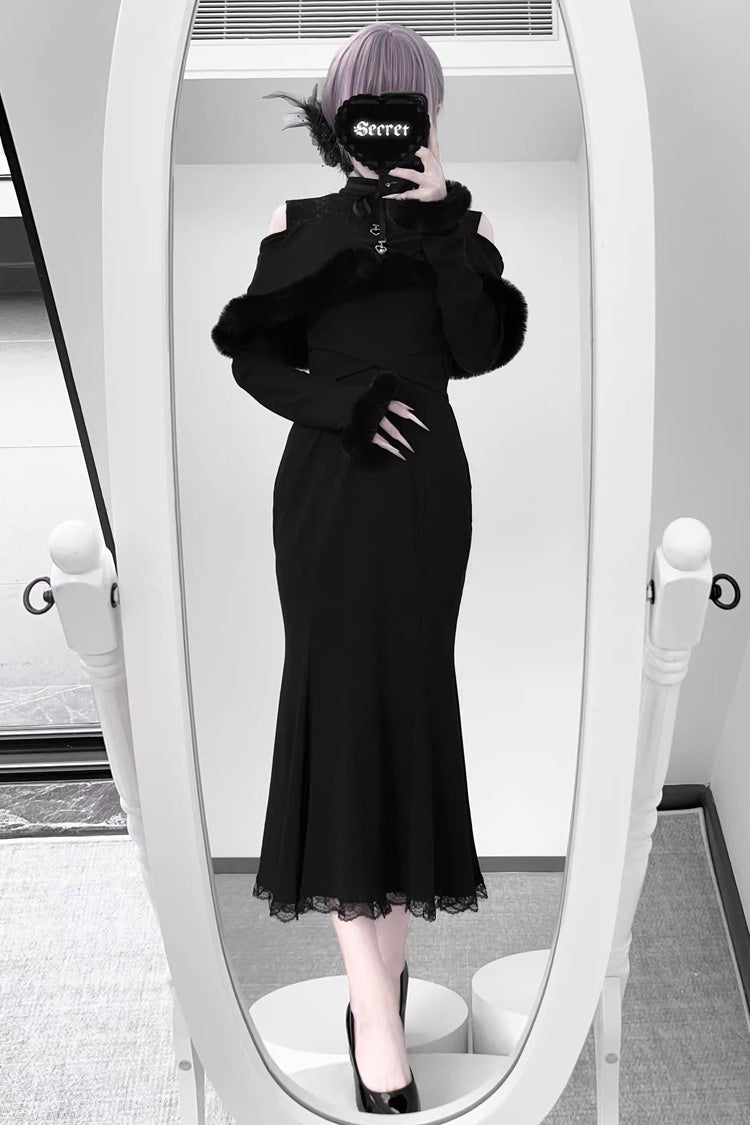 Jirai Kei Stand Collar Off Shoulder Long Sleeves Embroidered Lace Sweet Japanese Fishtail Dress 2 Colors - Product - 8
