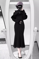 Jirai Kei Stand Collar Off Shoulder Long Sleeves Embroidered Lace Sweet Japanese Fishtail Dress 2 Colors - Product - 8