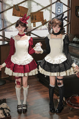[Liya] Square Collar Long Lantern Sleeves Multi-Layered Ruffled Classic Elegant Lolita Dress 2 Colors (Black, Red) - Product - 7
