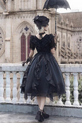 Black V-Neck Lace Cla Daily Short Puff Sleeves Gothic Lolita Dress - Product - 11