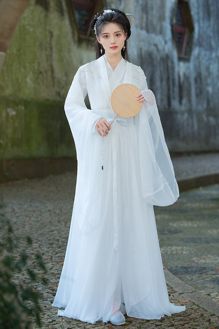 White Fairy-Like Long Trumpet Sleeves Embroidered Sweet Ancient Chinese Inspired Hanfu Dress - White - 1