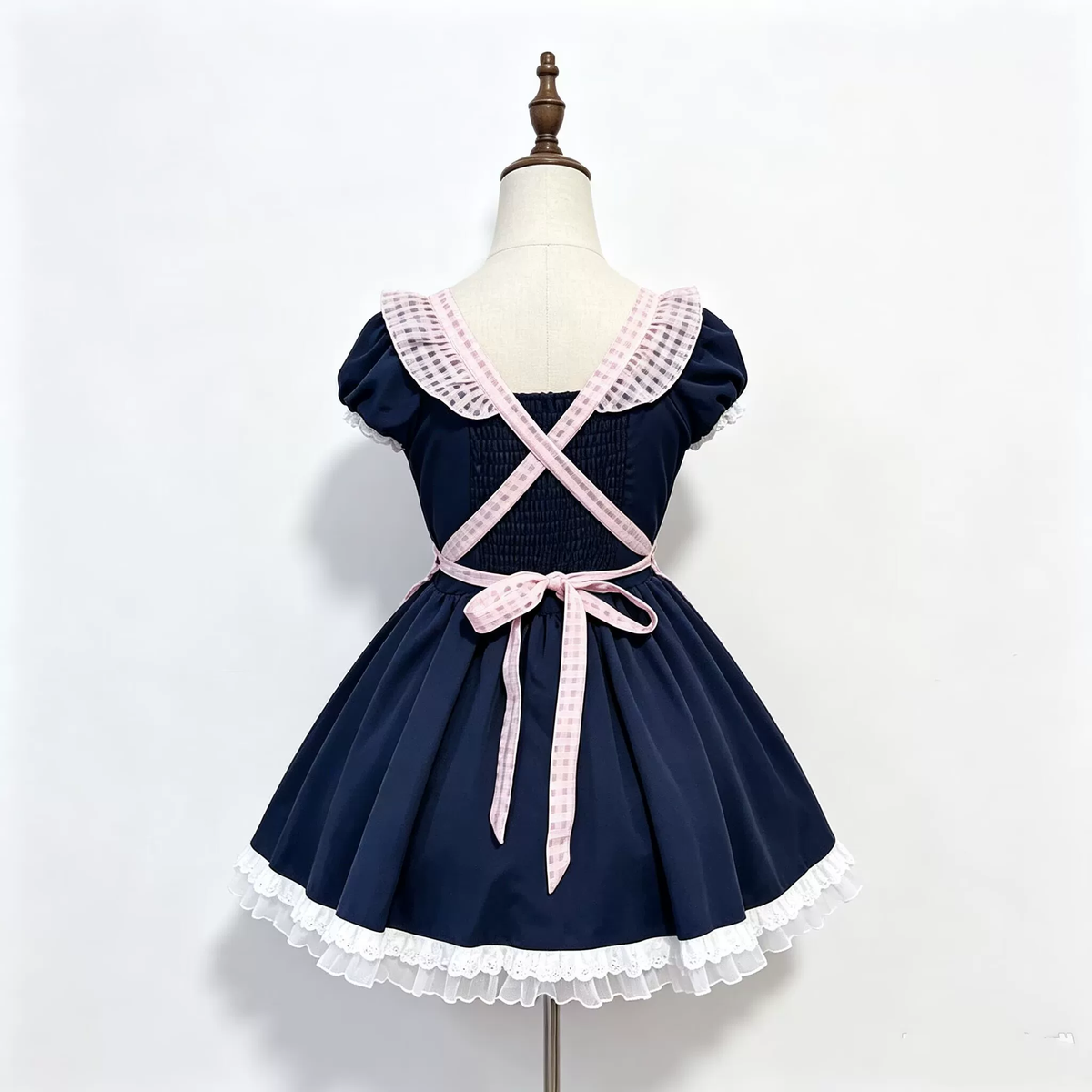Pink and Black Plaid Maid Lolita Dress with Apron Bow Accent - view 2