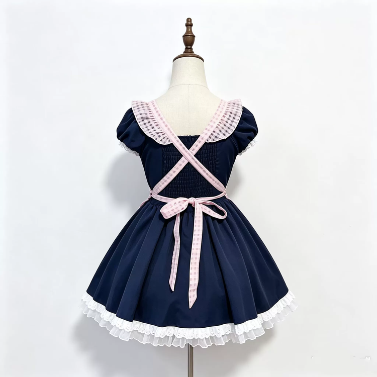 Pink and Black Plaid Maid Lolita Dress with Apron Bow Accent - view 2