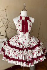 Red/White Halterneck Romantic Rose Print Ruffle Bowknot Sweet Chinese Style Lolita Dress - Product - 3