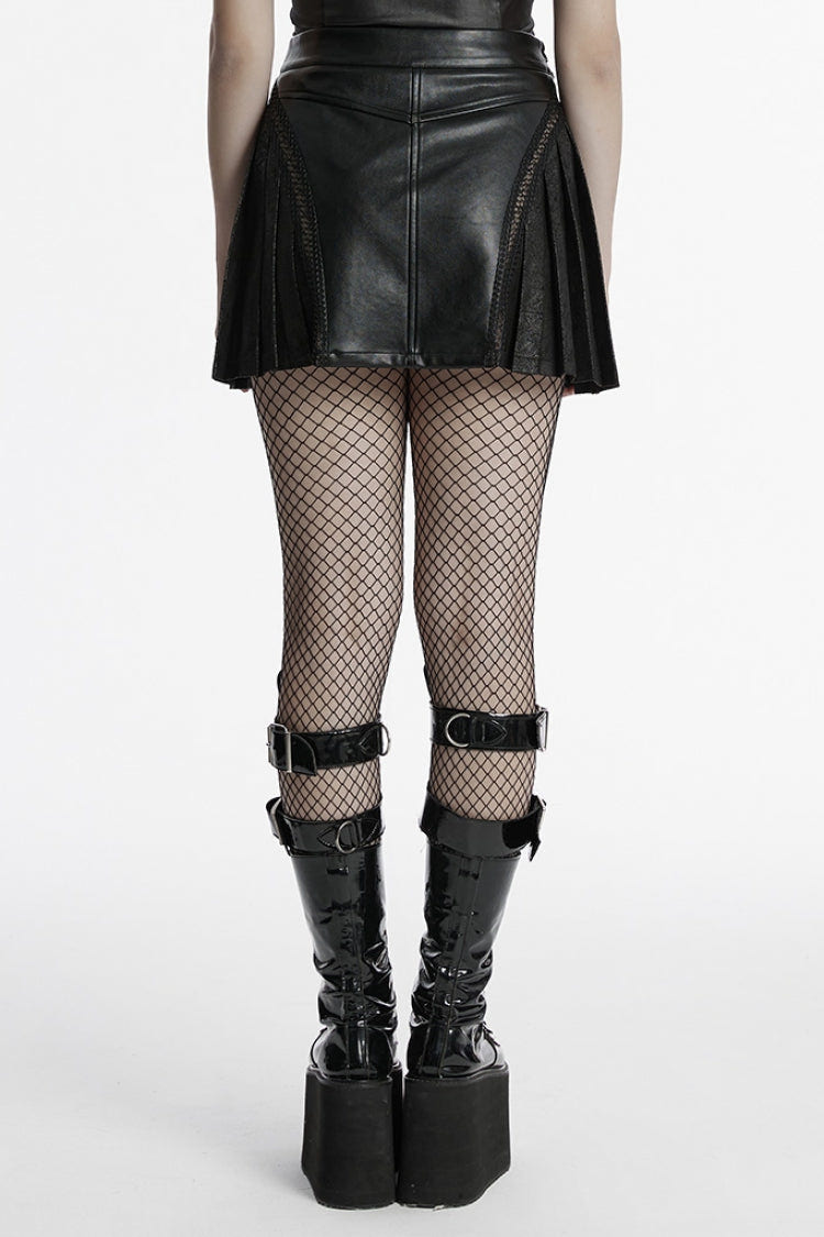 Black Faux Leather Pleated Stitching Women's Punk Skirt - Product - 3