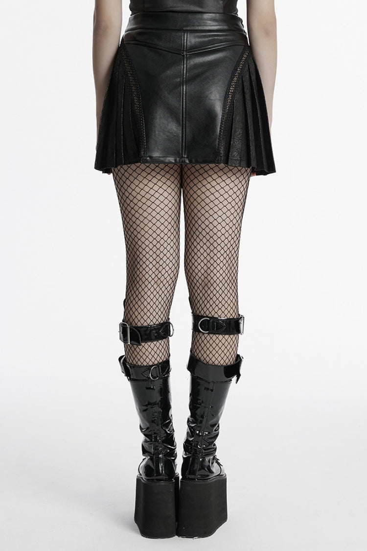 Black Faux Leather Pleated Stitching Women's Punk Skirt - Product - 3
